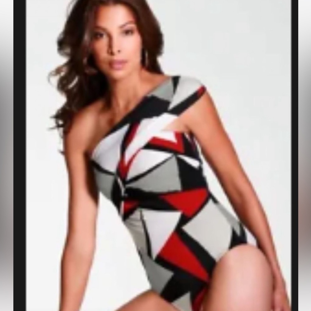 One-Shoulder Geo Print Women’s Swimsuit in Red, Black & Gray